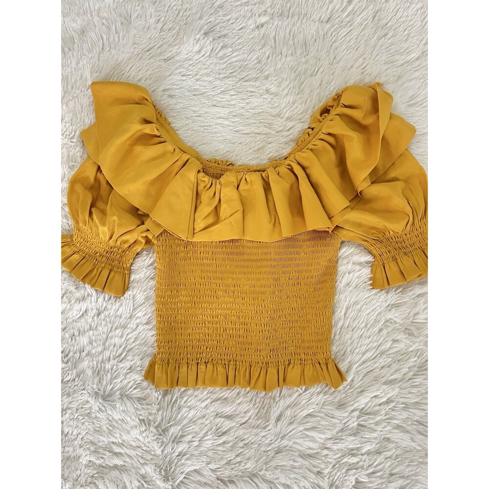 HABITUAL Girl Mustard Yellow Smocked Ruffle Blouse Top Size 12 Boho Chic